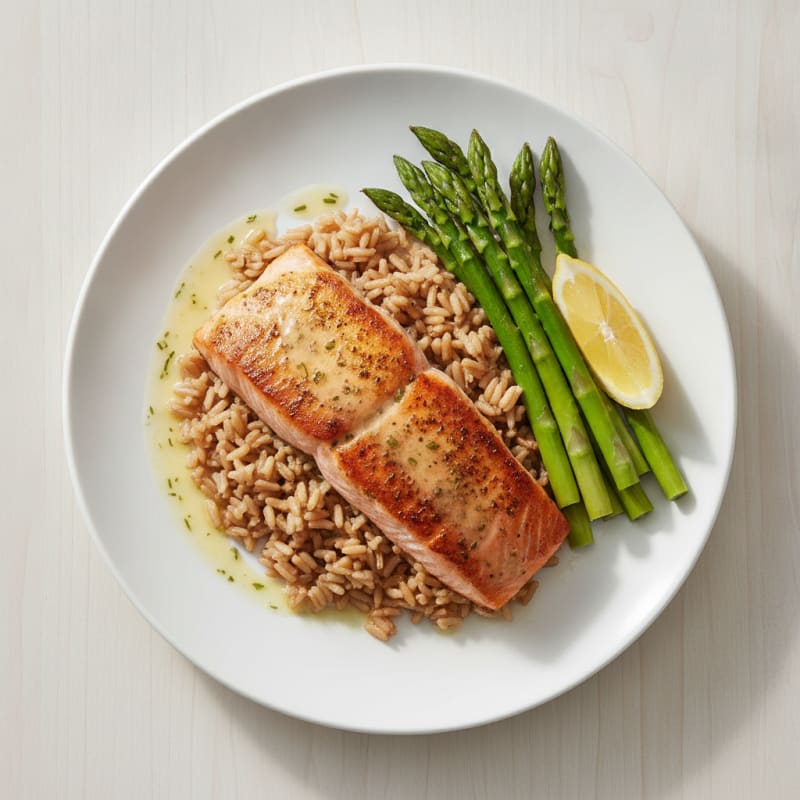 Seared Salmon with Steamed Asparagus and Brown Rice