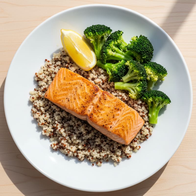 Seared Salmon Fillet with Steamed Broccoli and Quinoa
