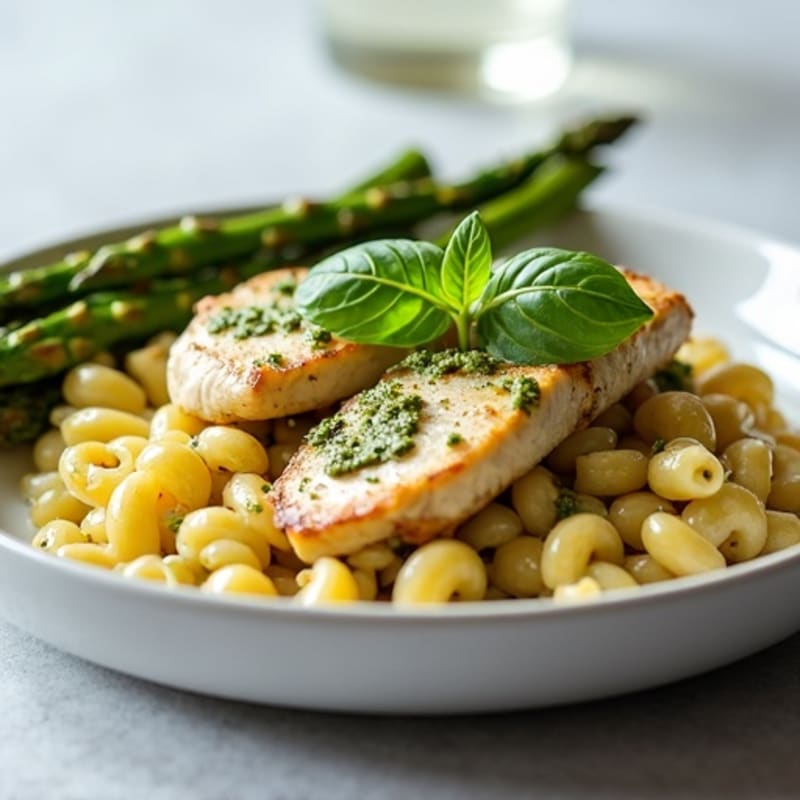 Creamy Pesto Chicken with Whole Wheat Pasta and Roasted Asparagus