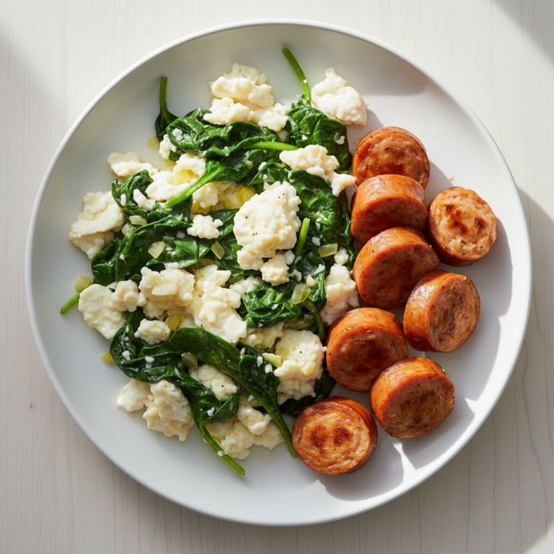 Scrambled Egg Whites with Chicken Sausage and Sautéed Spinach