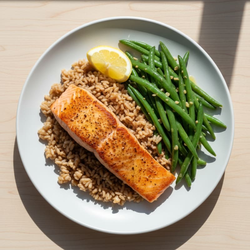 Seared Salmon with Garlic Green Beans and Brown Rice