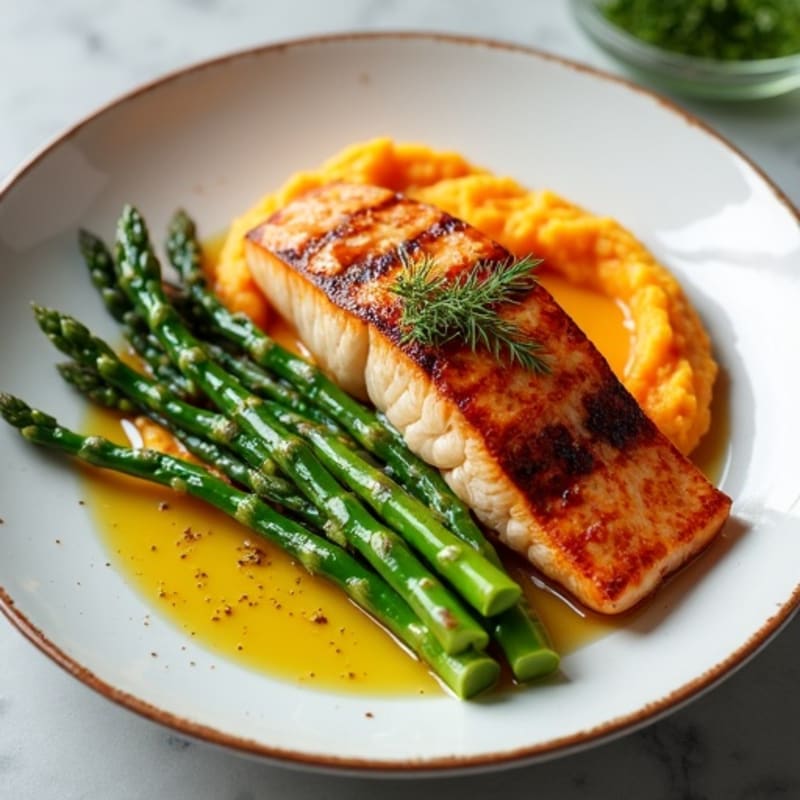 Seared Salmon Fillet with Steamed Asparagus and Sweet Potato Mash