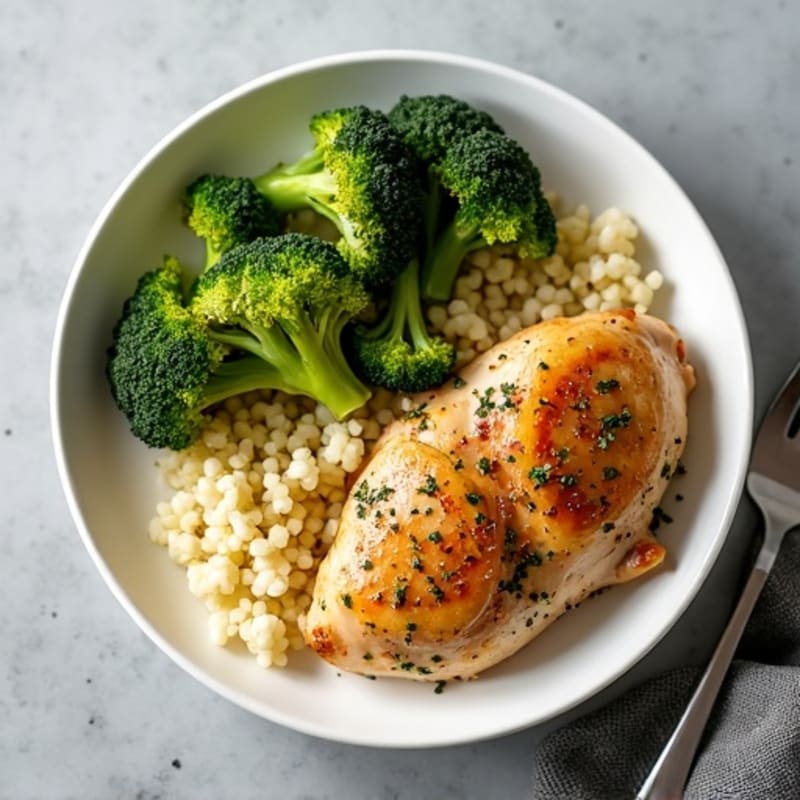 Lemon-Herb Roasted Chicken Thighs with Garlic-Roasted Broccoli and Cauliflower Rice