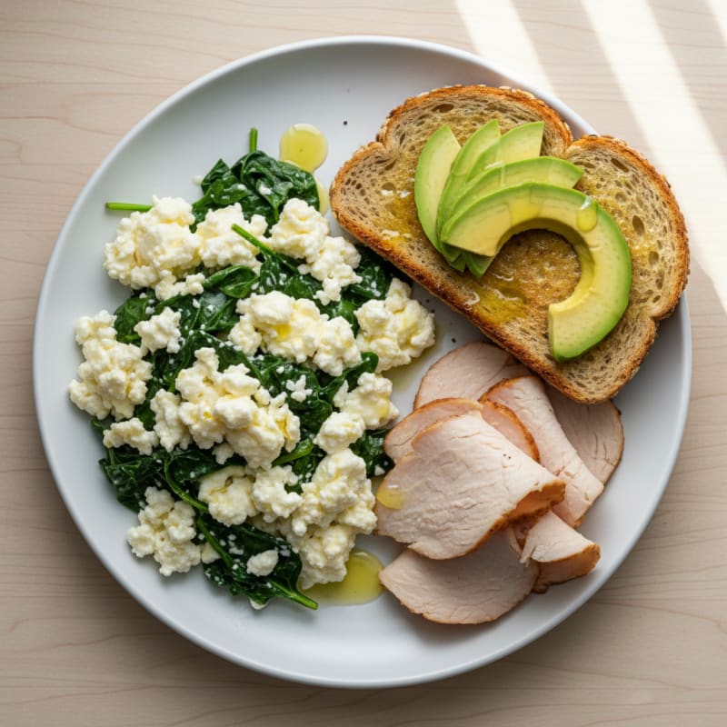 Egg White Spinach Scramble with Cottage Cheese and Sliced Turkey
