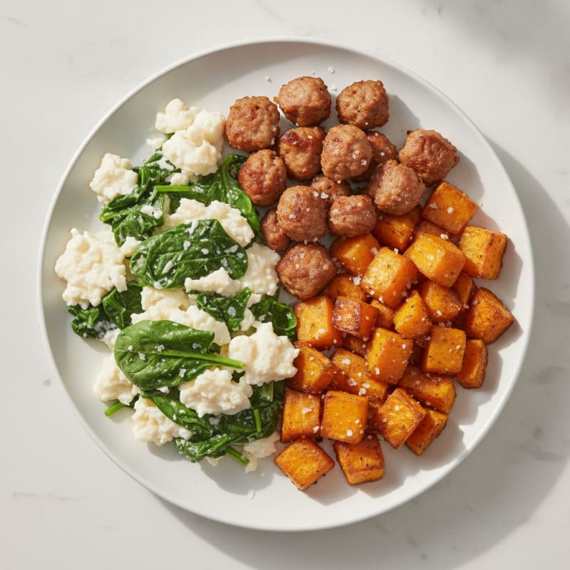 Egg White Spinach Scramble with Turkey Sausage and Roasted Sweet Potatoes