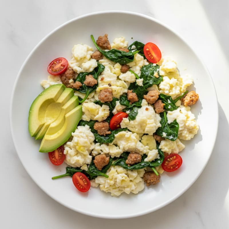 Scrambled Egg Whites with Turkey Sausage and Sautéed Spinach