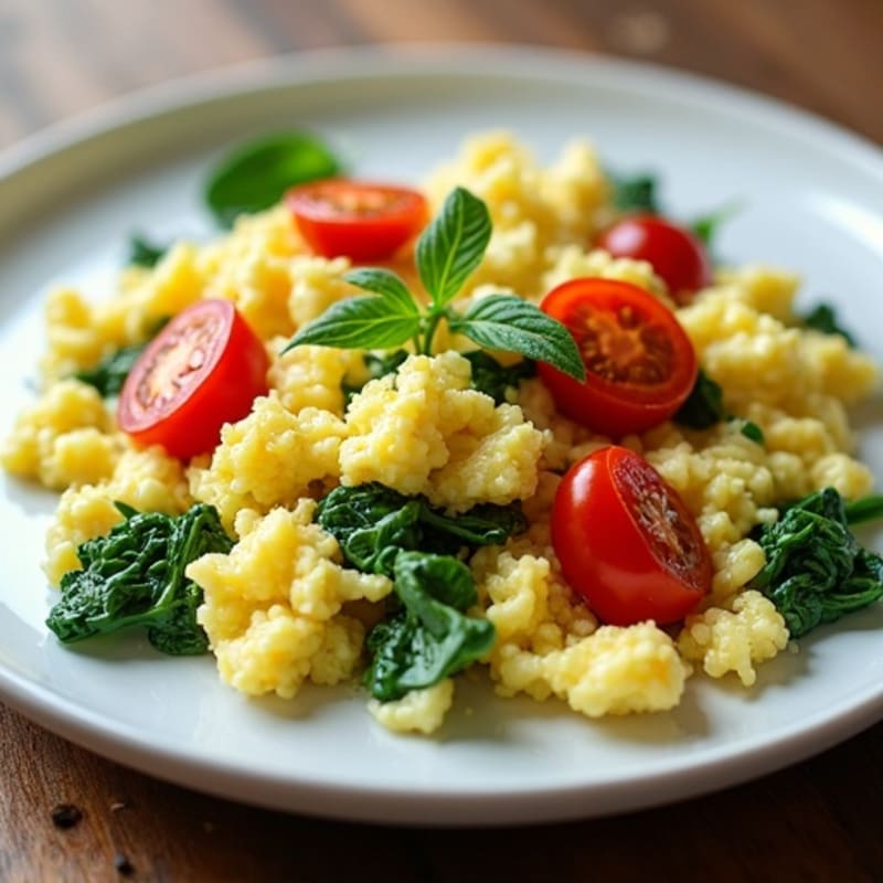 Fluffy Scrambled Eggs with Sautéed Spinach and Cherry Tomatoes
