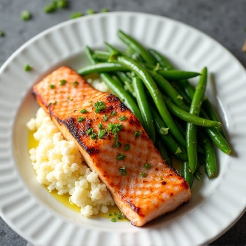 Seared Salmon Fillet with Garlic Green Beans and Mashed Cauliflower