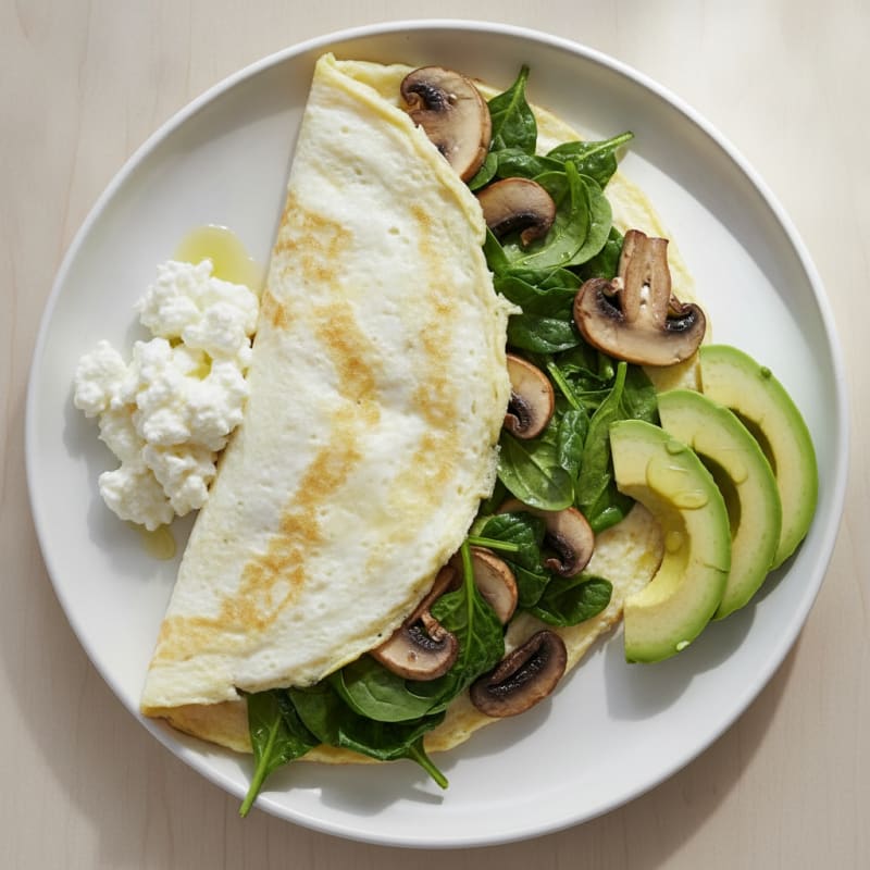 Egg White Spinach Omelette with Cottage Cheese and Sautéed Mushrooms