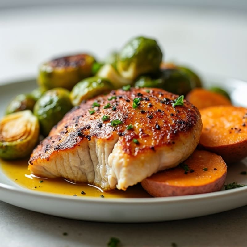 Seared Chicken Breast with Roasted Brussels Sprouts and Sweet Potato