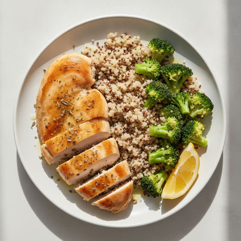 Herb-Baked Chicken Breast with Steamed Broccoli and Quinoa