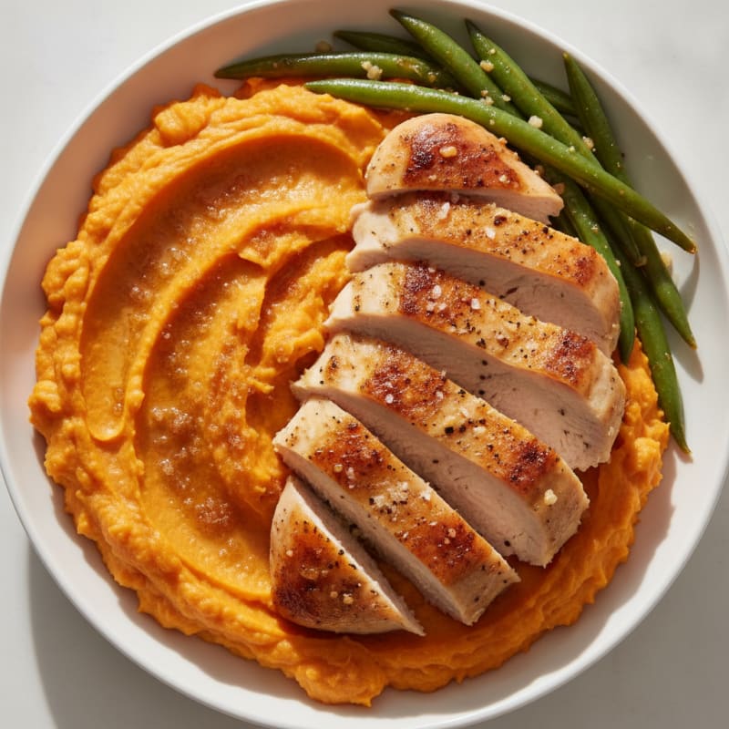 Whipped Sweet Potato Mash with Brown Sugar & Roasted Chicken
