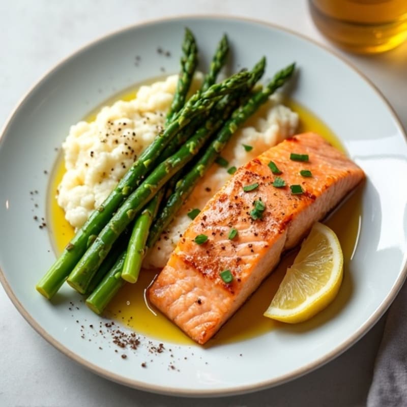 Seared Salmon with Steamed Asparagus and Mashed Cauliflower