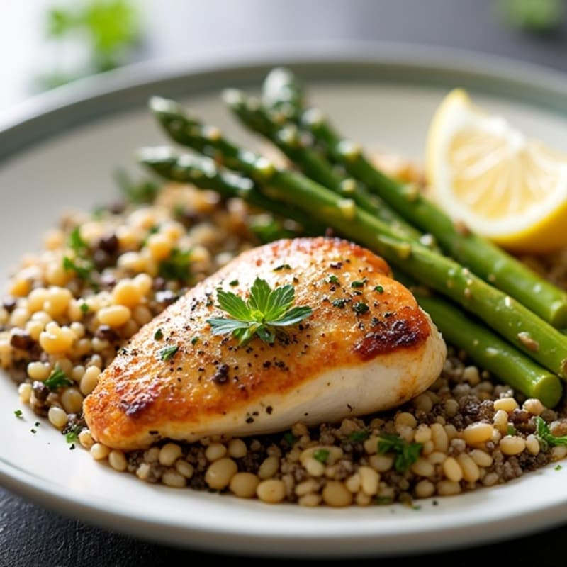 Lemon Herb Chicken with Hearty Beluga Lentil and Quinoa Pilaf and Roasted Asparagus