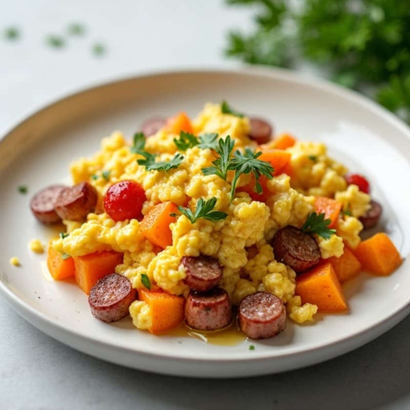 Egg White Scramble with Turkey Sausage and Roasted Sweet Potatoes