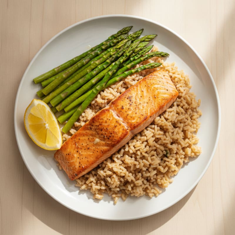 Seared Salmon Fillet with Steamed Asparagus and Brown Rice