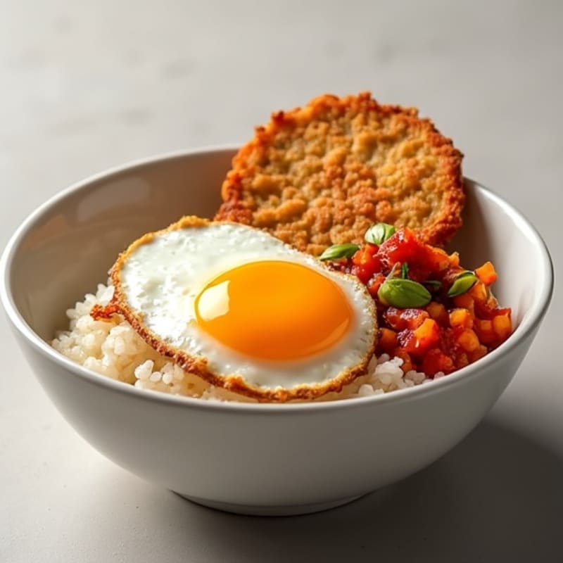 Crispy Spam and Rice Bowl with Kimchi Fried Eggs