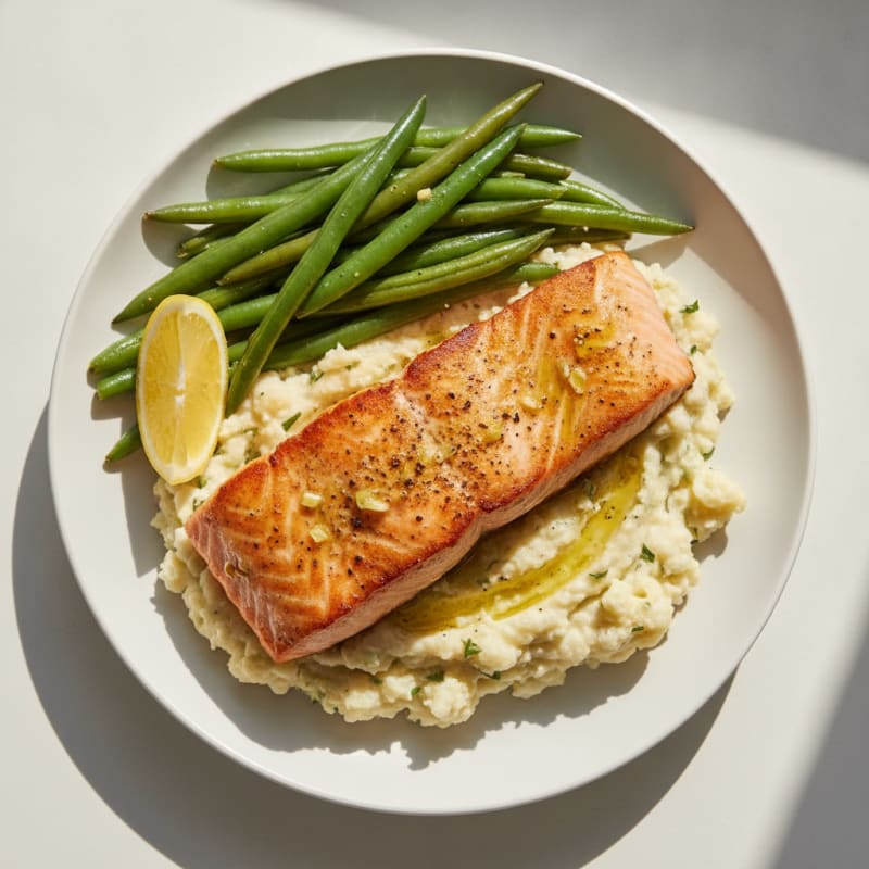 Seared Salmon with Steamed Green Beans and Mashed Cauliflower