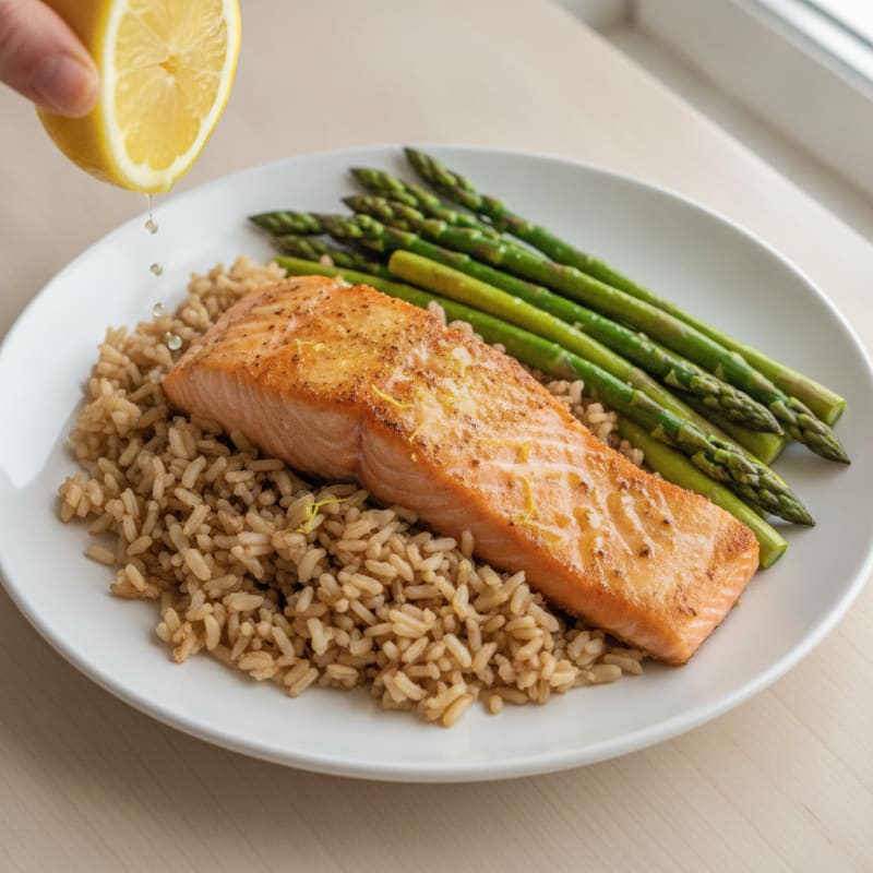 Seared Salmon with Steamed Asparagus and Brown Rice