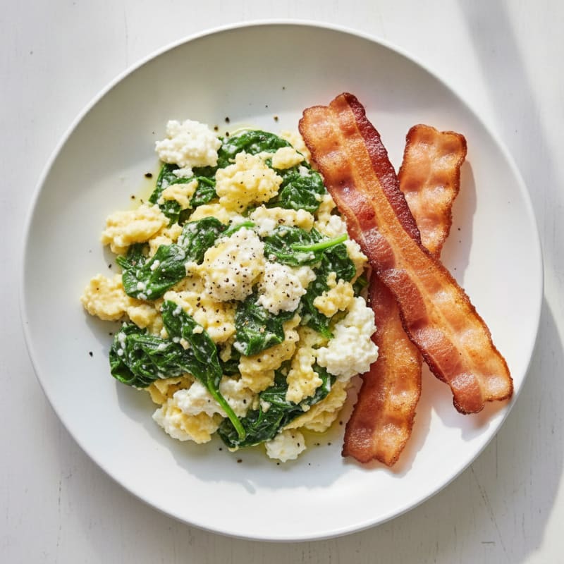 Cottage Cheese Egg Scramble with Spinach and Turkey Bacon