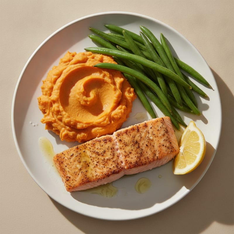 Seared Salmon with Steamed Green Beans and Sweet Potato Mash