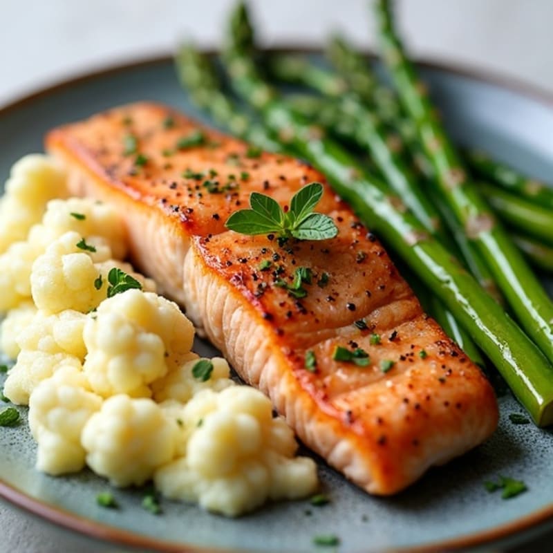 Seared Salmon with Steamed Asparagus and Garlic Mashed Cauliflower