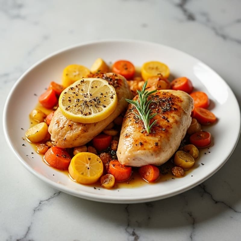 Lemon Garlic Roasted Chicken with Crispy Root Vegetable Medley
