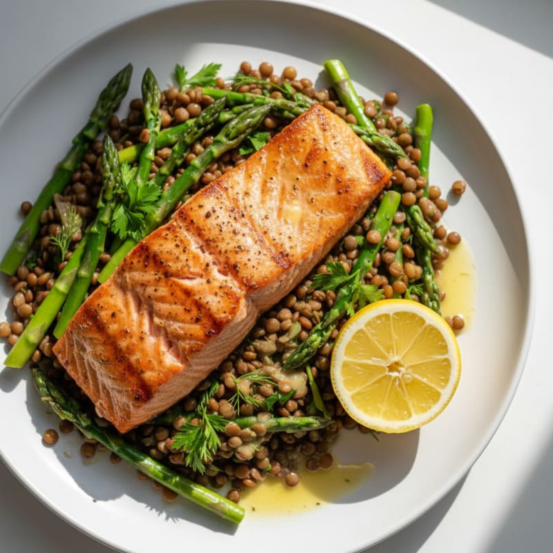 Seared Salmon Fillet with Lentil Salad and Steamed Asparagus