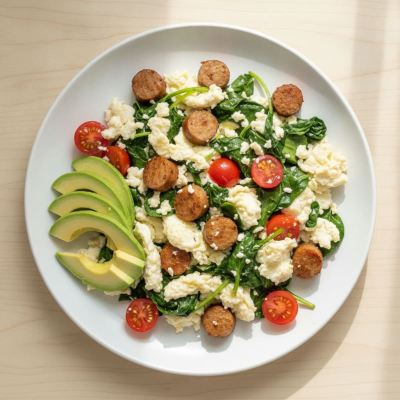 Egg White Spinach Scramble with Turkey Sausage