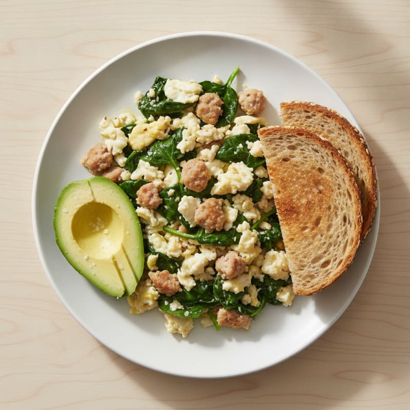 Egg White and Turkey Sausage Scramble with Sautéed Spinach