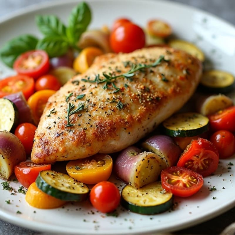 Herb-Crusted Sheet Pan Chicken with Roasted Rainbow Vegetables