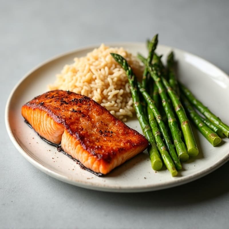 Seared Salmon Filet with Roasted Asparagus and Brown Rice