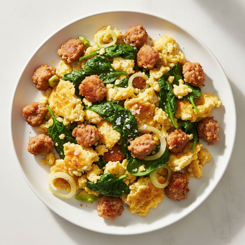Crispy Turkey Sausage and Spinach Egg Scramble