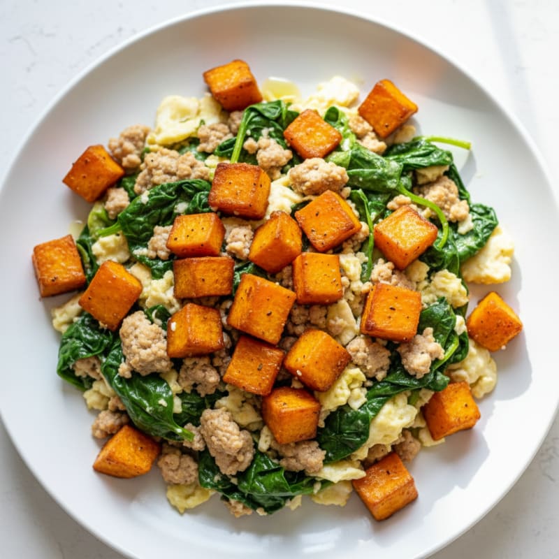 Egg White and Turkey Spinach Scramble with Roasted Sweet Potato