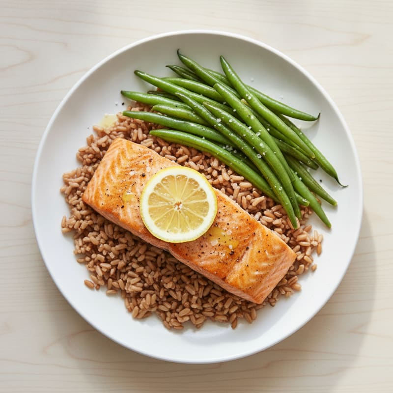 Seared Salmon with Steamed Green Beans and Brown Rice
