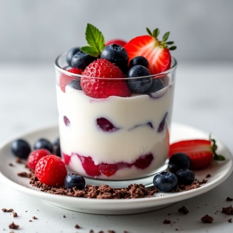 Cottage Cheese Yogurt Parfait with Blueberries, Strawberries, and Dark Chocolate
