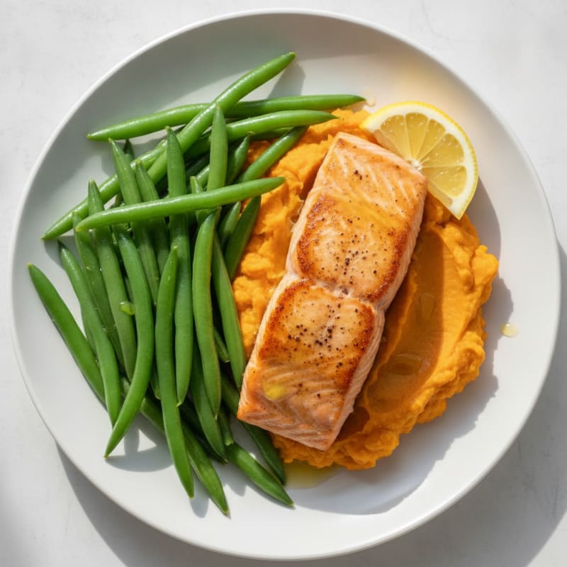 Seared Salmon with Steamed Green Beans and Mashed Sweet Potato