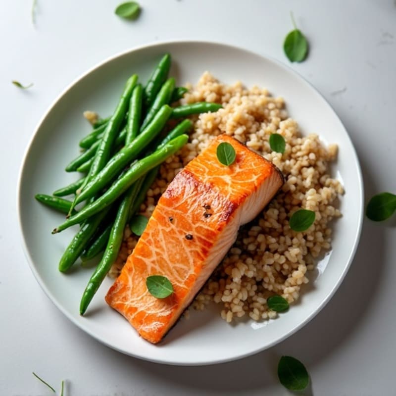 Seared Salmon with Steamed Green Beans and Brown Rice