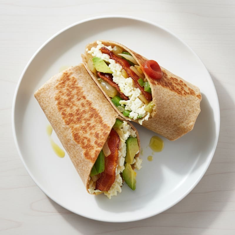 Crispy Turkey Bacon and Egg White Breakfast Burrito with Sautéed Peppers