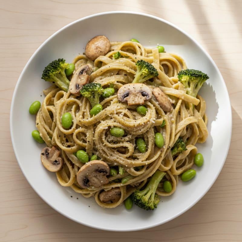 Garlic Mushroom Alfredo Fettuccine with Broccoli