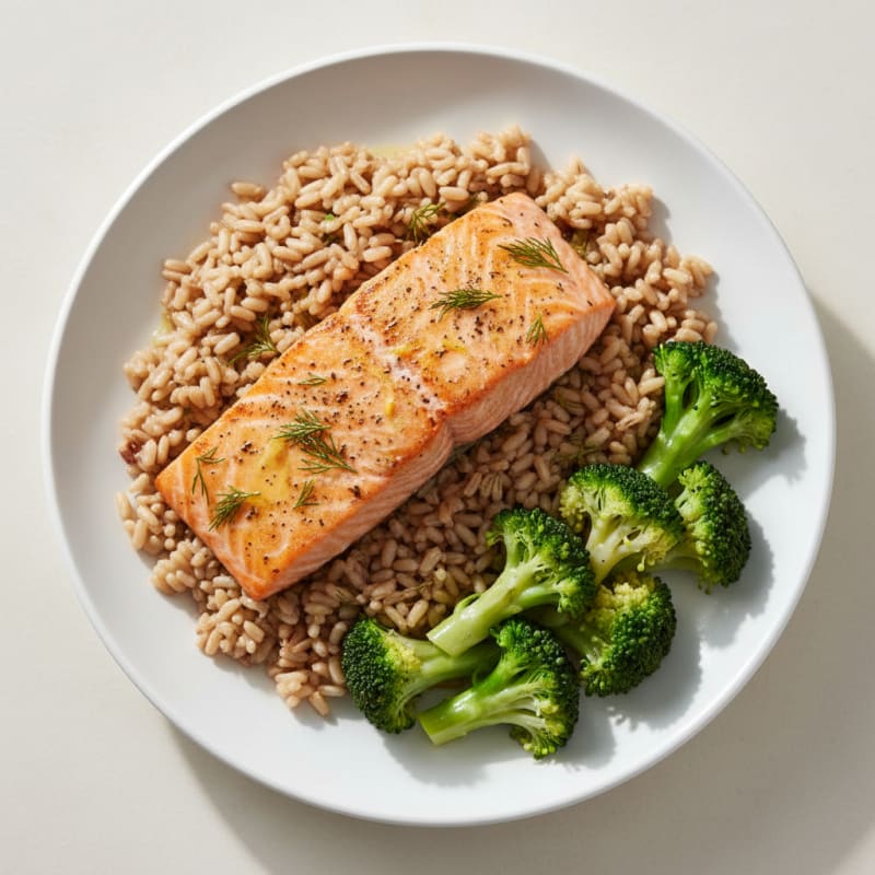Herb-Roasted Salmon with Steamed Broccoli and Brown Rice