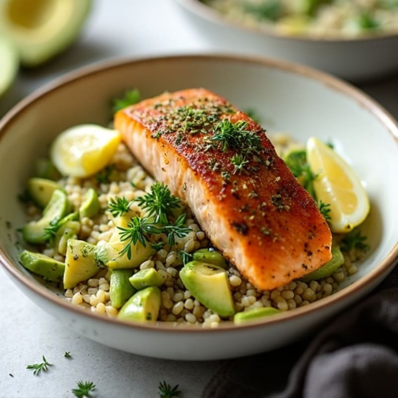 Herb-Crusted Salmon with Creamy Avocado Rice Bowl