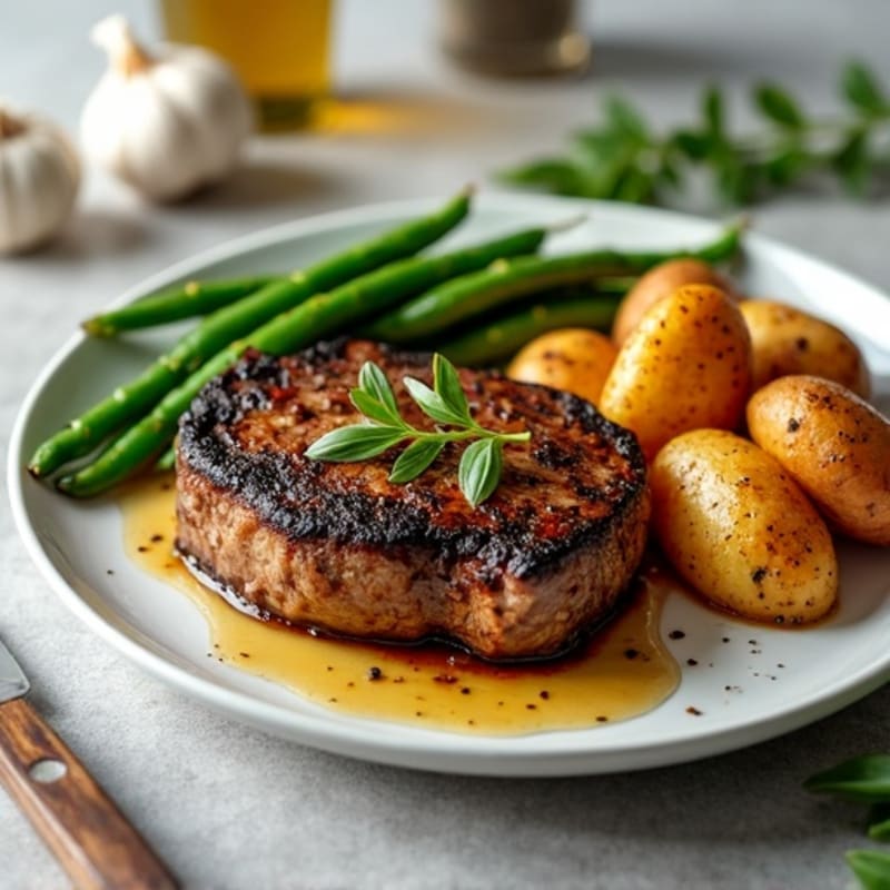 Pan-Seared Garlic Butter Steak with Crispy Roasted Potatoes and Fresh Green Beans