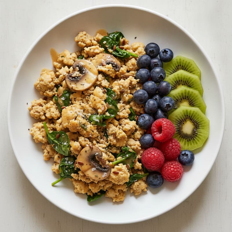 Mushroom Flax Scramble with Kiwi and Berries