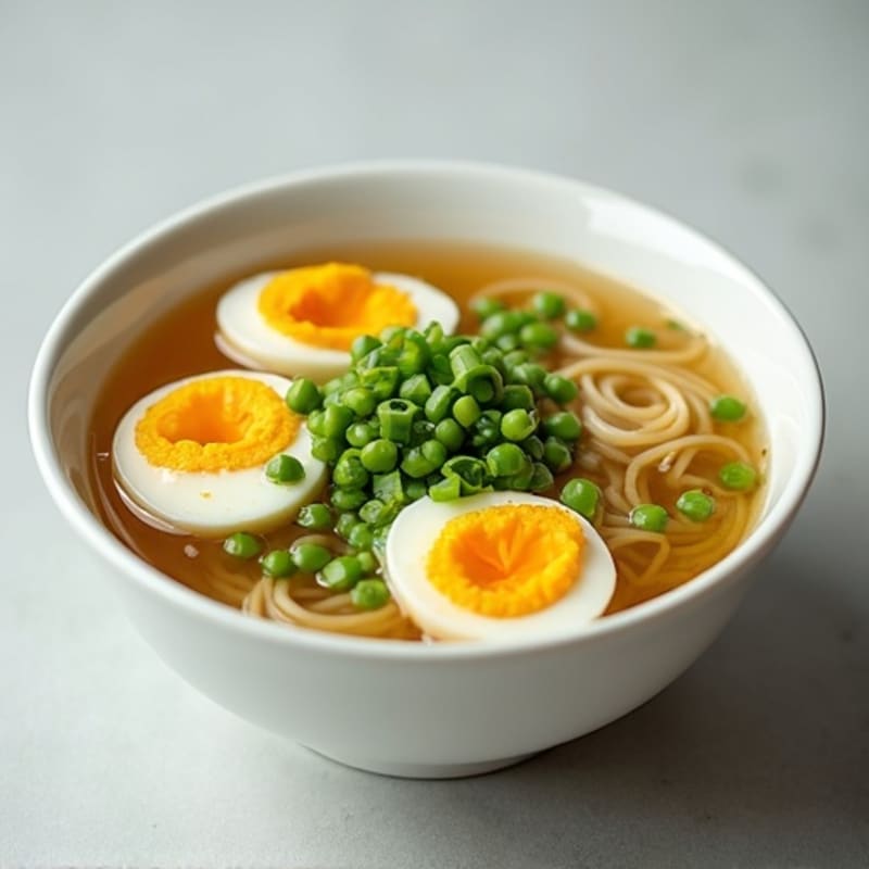 Soft-Boiled Egg Noodle Soup with Broth and Green Peas