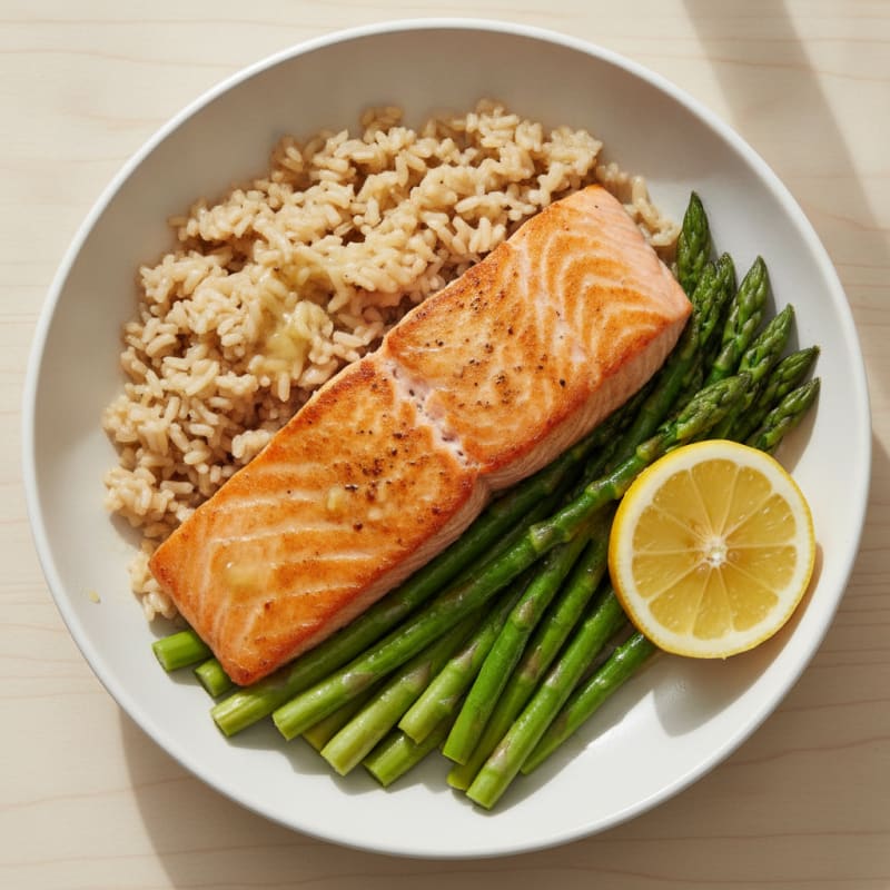 Seared Salmon Fillet with Steamed Asparagus and Brown Rice