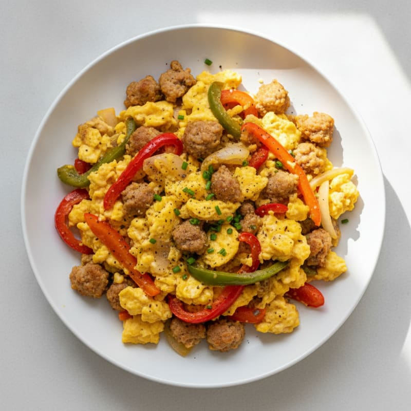 Hearty Scrambled Eggs with Sausage and Peppers