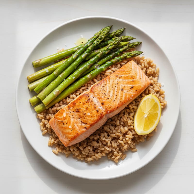 Seared Salmon with Steamed Asparagus and Brown Rice