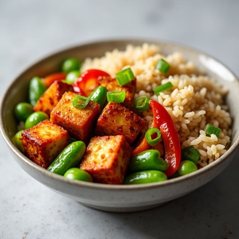 Crispy Tofu Stir Fry with Edamame and Brown Rice
