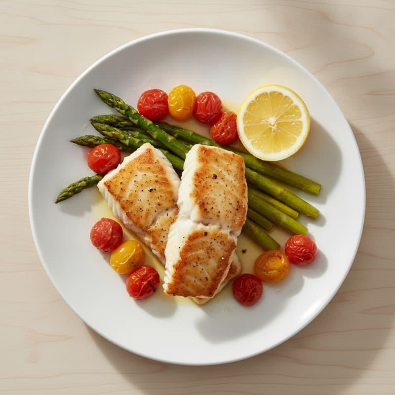 Seared Cod with Roasted Asparagus and Cherry Tomatoes